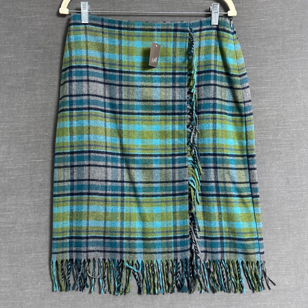J Jill Skirt 8 Petite Blue Green Plaid Wool Blend Fringe Faux Wrap Pencil Career